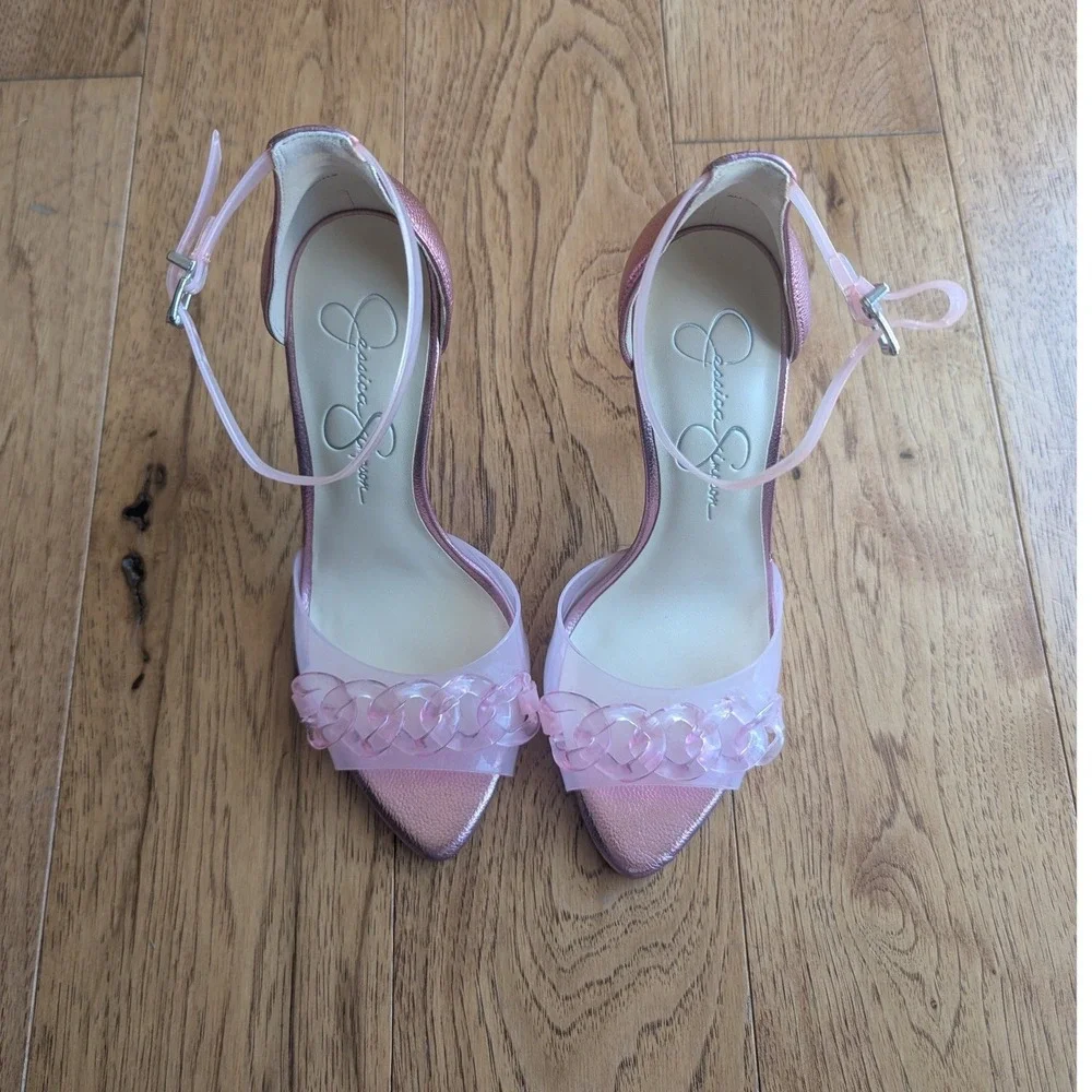 Jessica Simpson Wayri Sandals Metallic Pink‎ Clear Chain Strap Stiletto Heels 7M